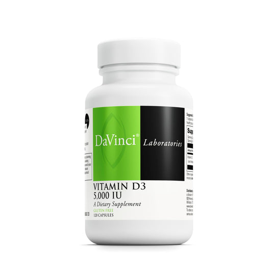 Bottle of DAVINCI Labs Vitamin D3 5000 IU 120 capsules