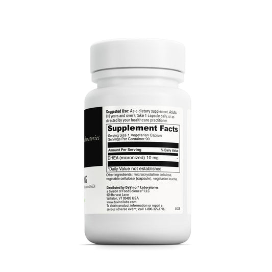 Back label with supplement facts for DAVINCI Labs DHEA 10mg