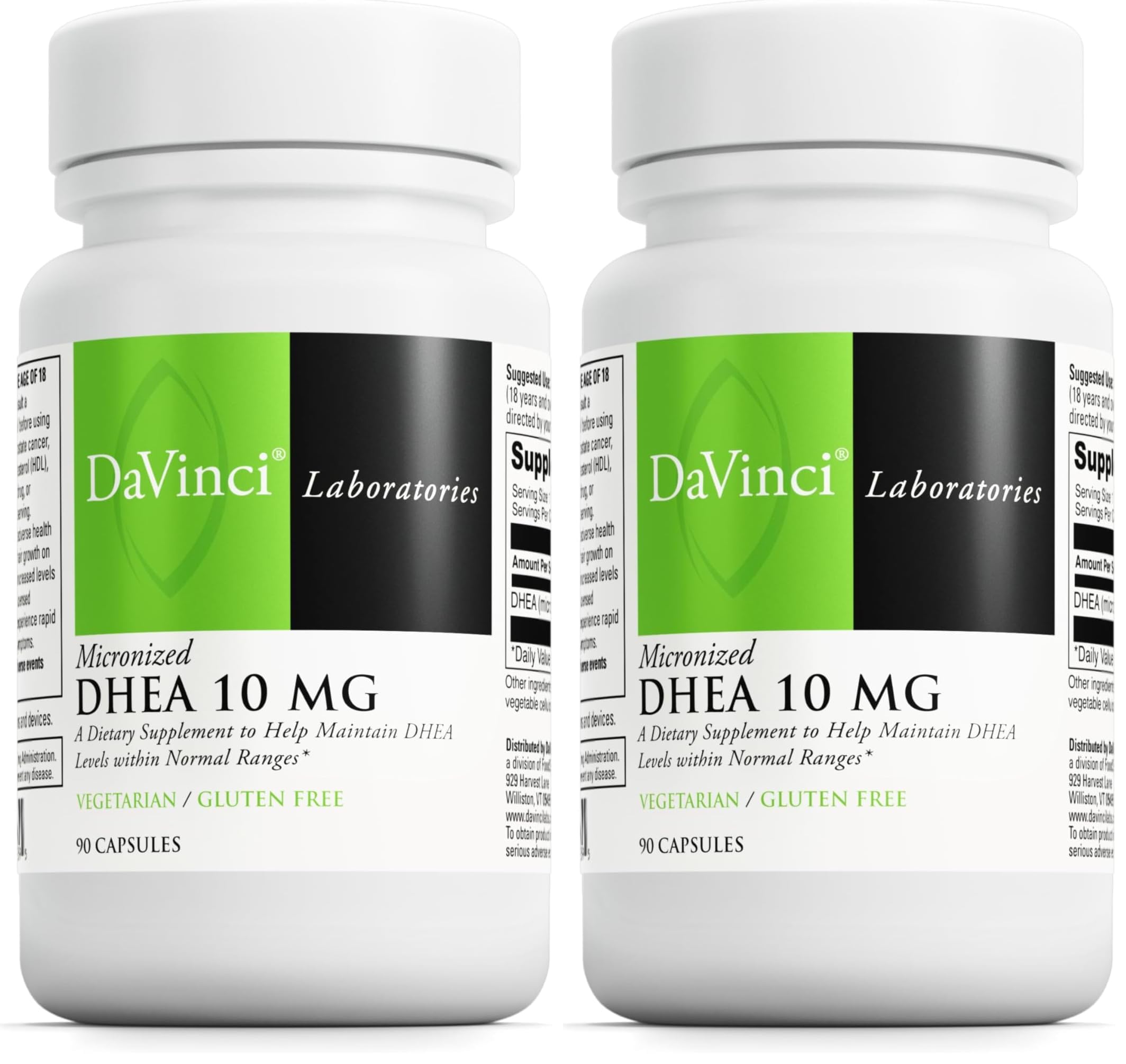 Front view of DAVINCI Labs Micronized DHEA 10mg bottle (pack of 2)