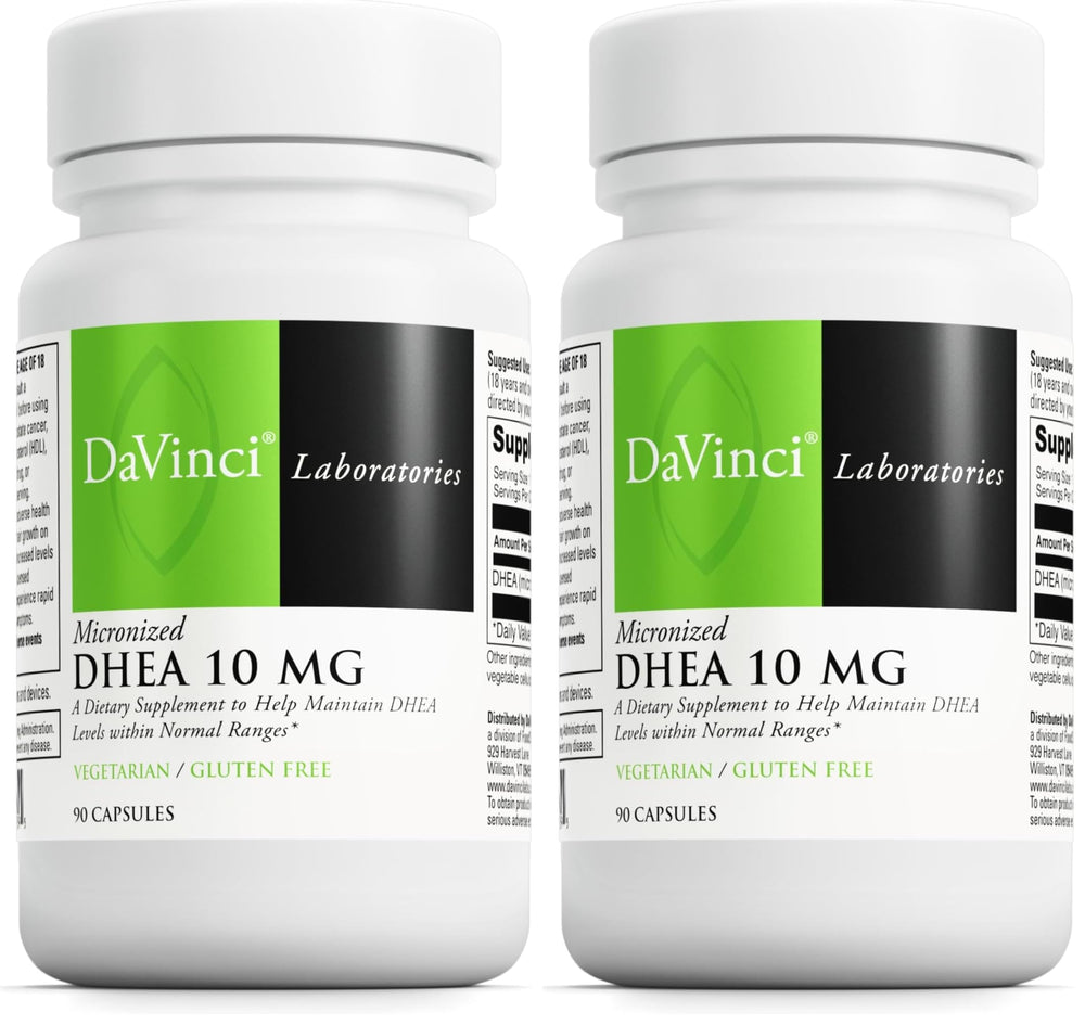 Front view of DAVINCI Labs Micronized DHEA 10mg bottle (pack of 2)