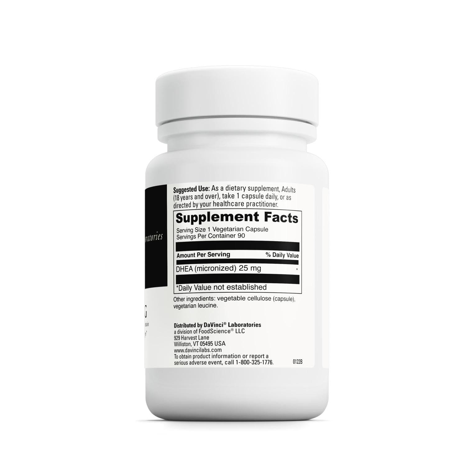 Supplement facts label for DHEA 25 mg