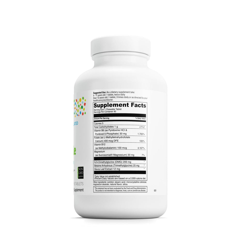 Nutrition label for DAVINCI Labs Focus Chewable orange flavor 90 tablets