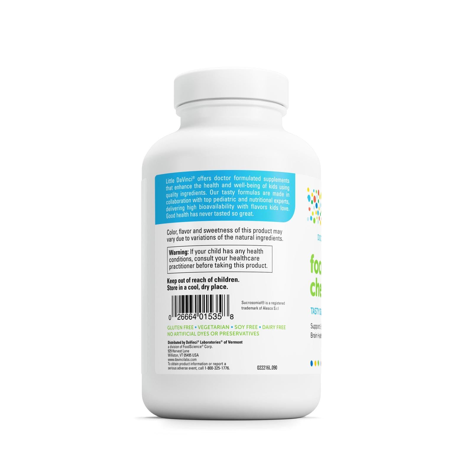 Close-up of nutrition facts and ingredients on DAVINCI Labs Focus Chewable label