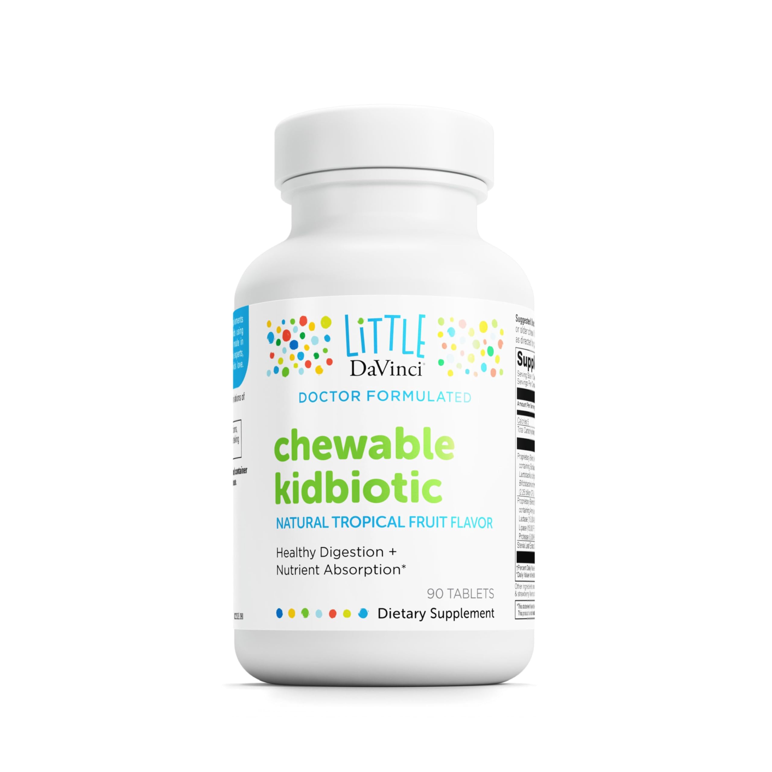 DAVINCI Labs Kidbiotic bottle label with tropical fruit flavor and 90 chewable tablets