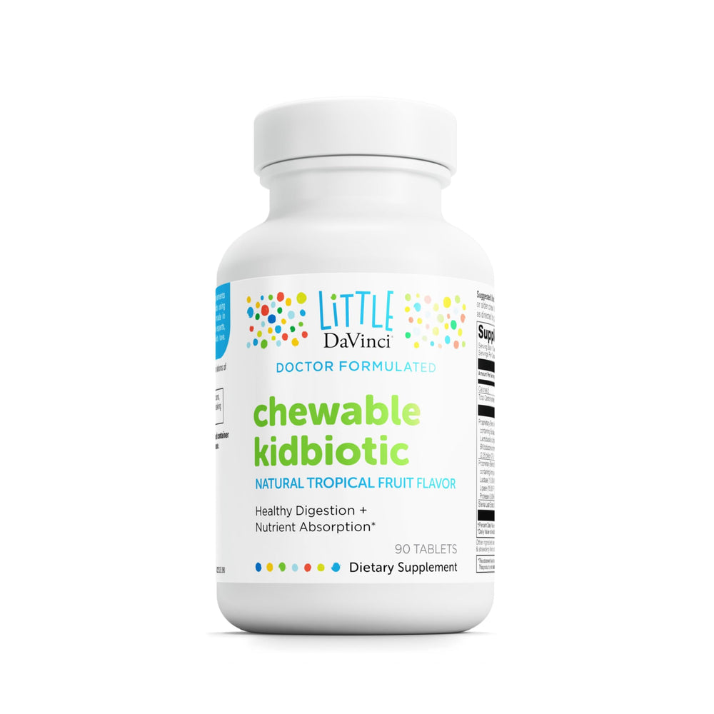 DAVINCI Labs Kidbiotic bottle label with tropical fruit flavor and 90 chewable tablets