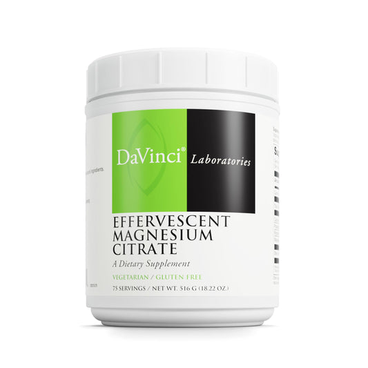 Front label of DaVinci Labs magnesium citrate effervescent bottle showing 75 servings and 18.22 oz