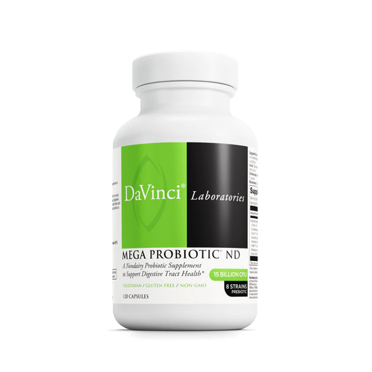 Front view of DAVINCI Labs Mega Probiotic ND bottle with 120 vegetarian caps