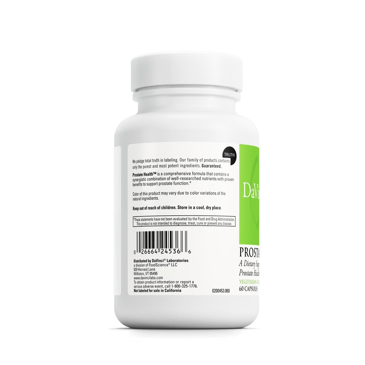 Davinci Labs Prostate Health label close-up highlighting key ingredients.