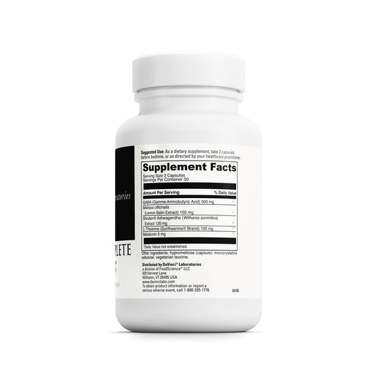 Close-up of Melatonin 5 mg on the Sleep Complete bottle