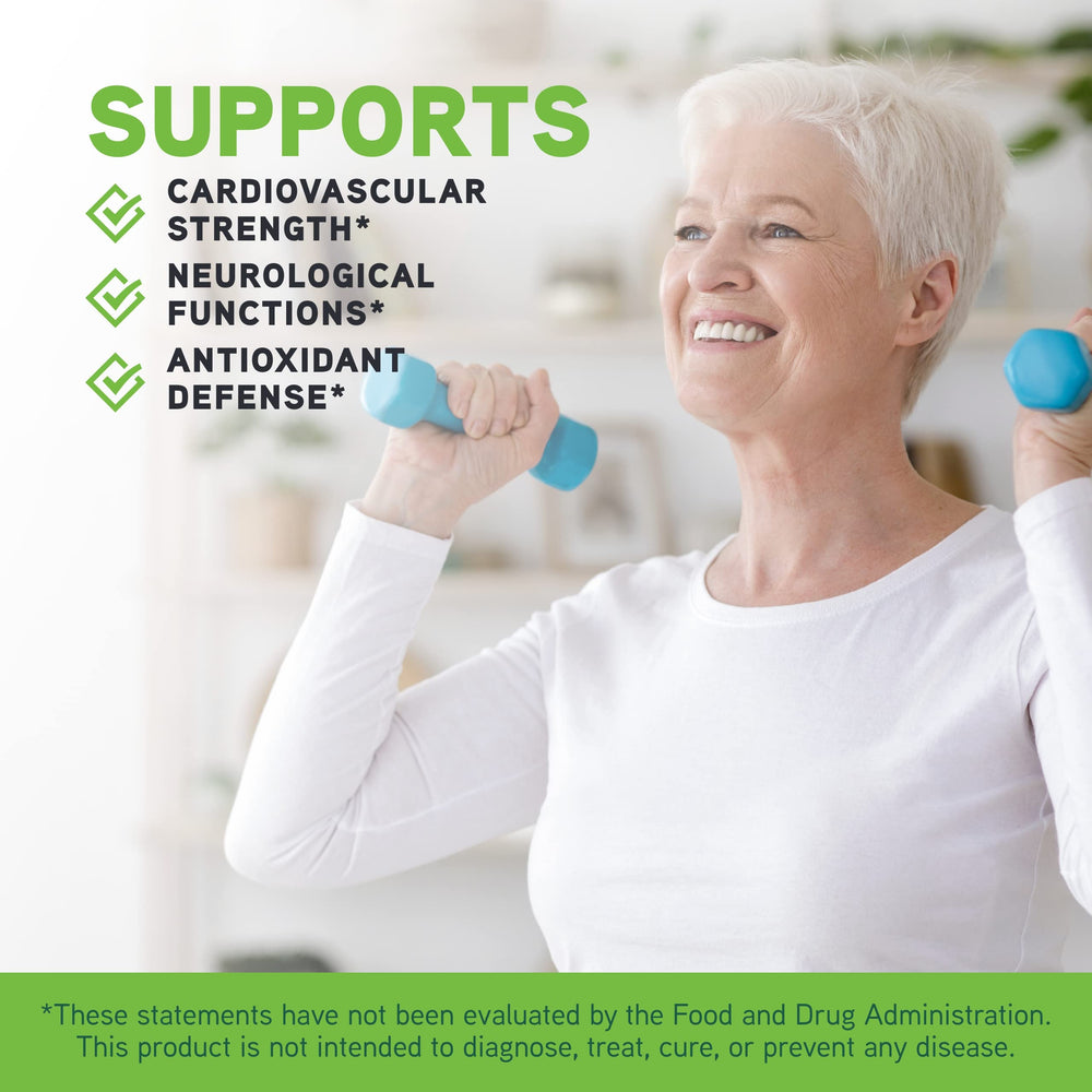 Graphic highlighting ingredients: CoQ10, lutein, zeaxanthin, bilberry extract, ginkgo biloba