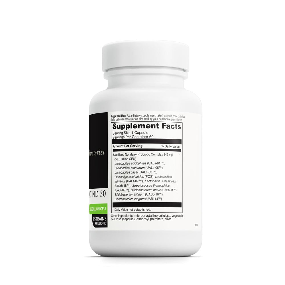 Back label with supplement facts for DAVINCI Labs Mega Probiotic ND 50