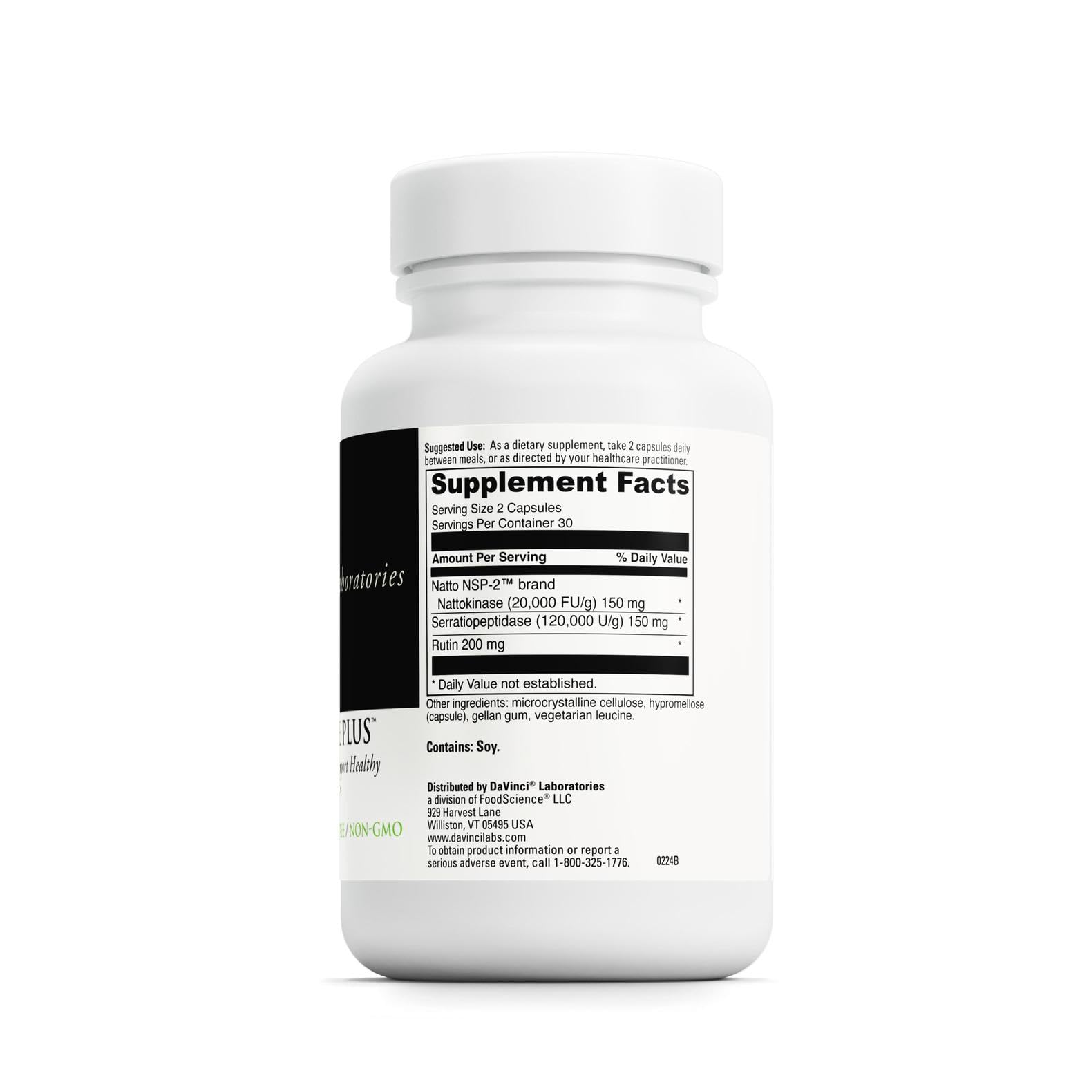 DAVINCI Nattokinase Plus capsules on a clean surface, showing vegetarian, gluten-free supplement.
