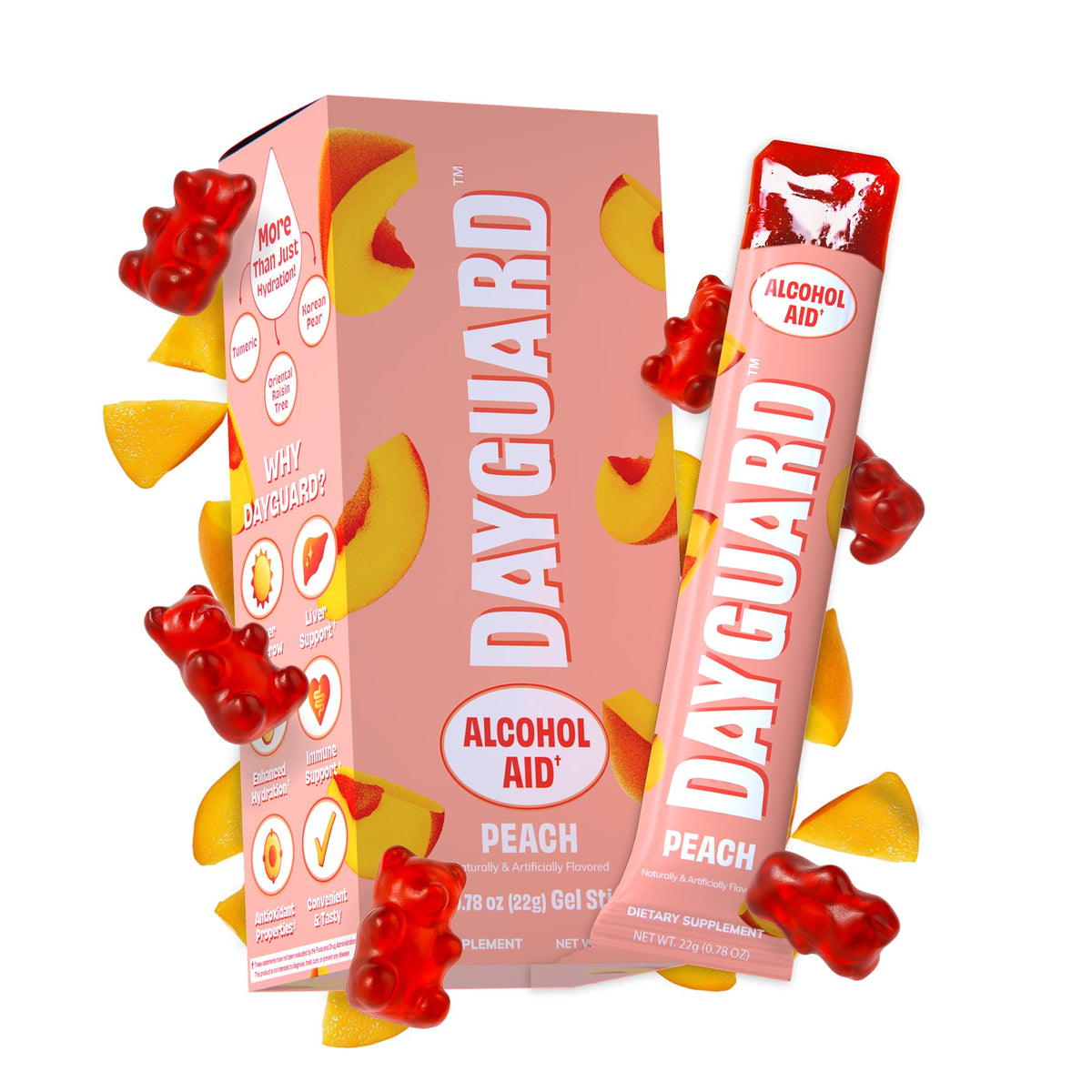 DAYGUARD peach jelly sticks packaging on a surface