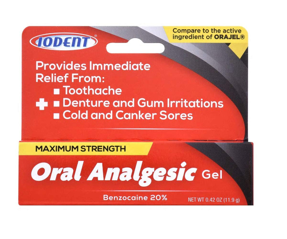 Front view of DDI Iodent Oral Analgesic Gel bottle, max strength, 0.42 oz