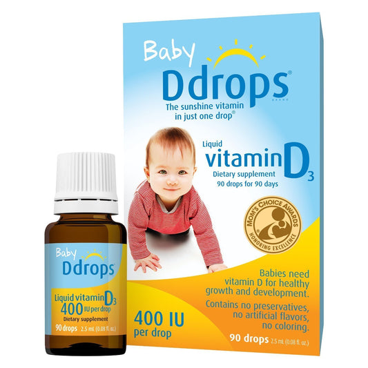 Close-up of Ddrops Vitamin D3 drops for babies in a 2-pack
