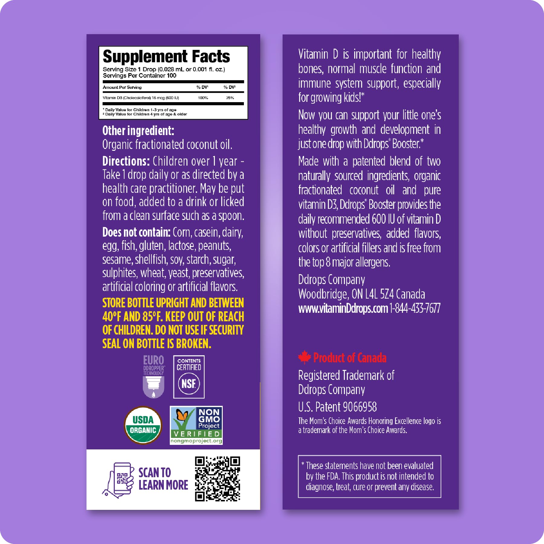Label showing vitamin D3, non-GMO, sugar-free and preservative-free