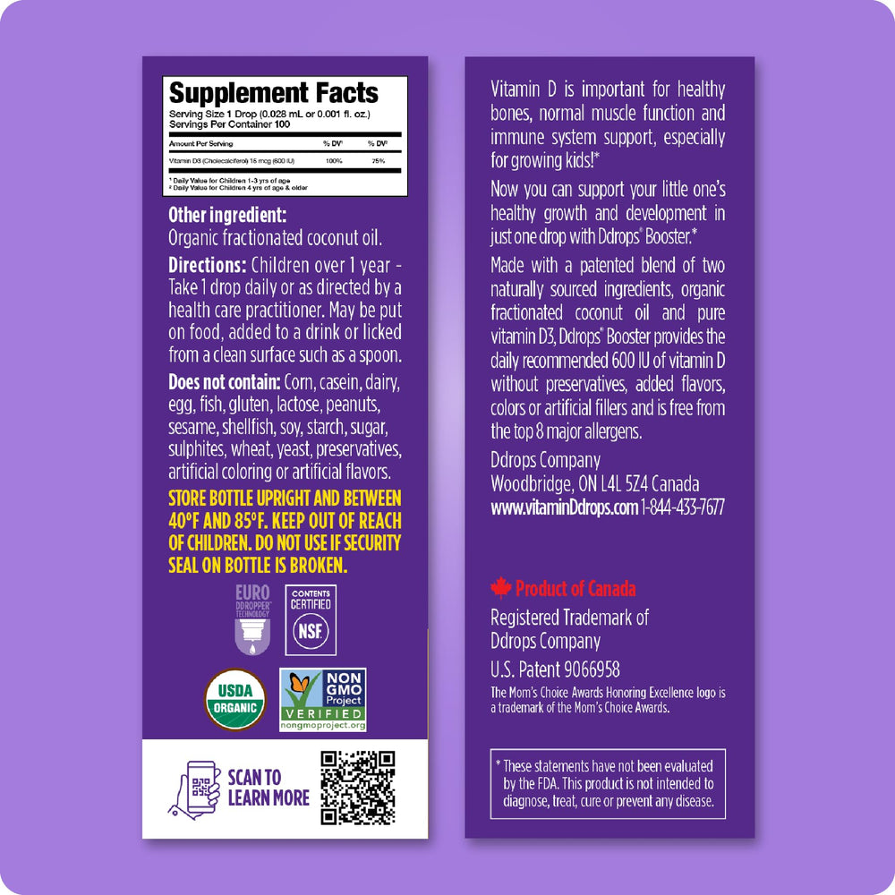 Label showing vitamin D3, non-GMO, sugar-free and preservative-free