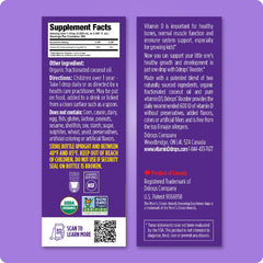 Label showing vitamin D3, non-GMO, sugar-free and preservative-free