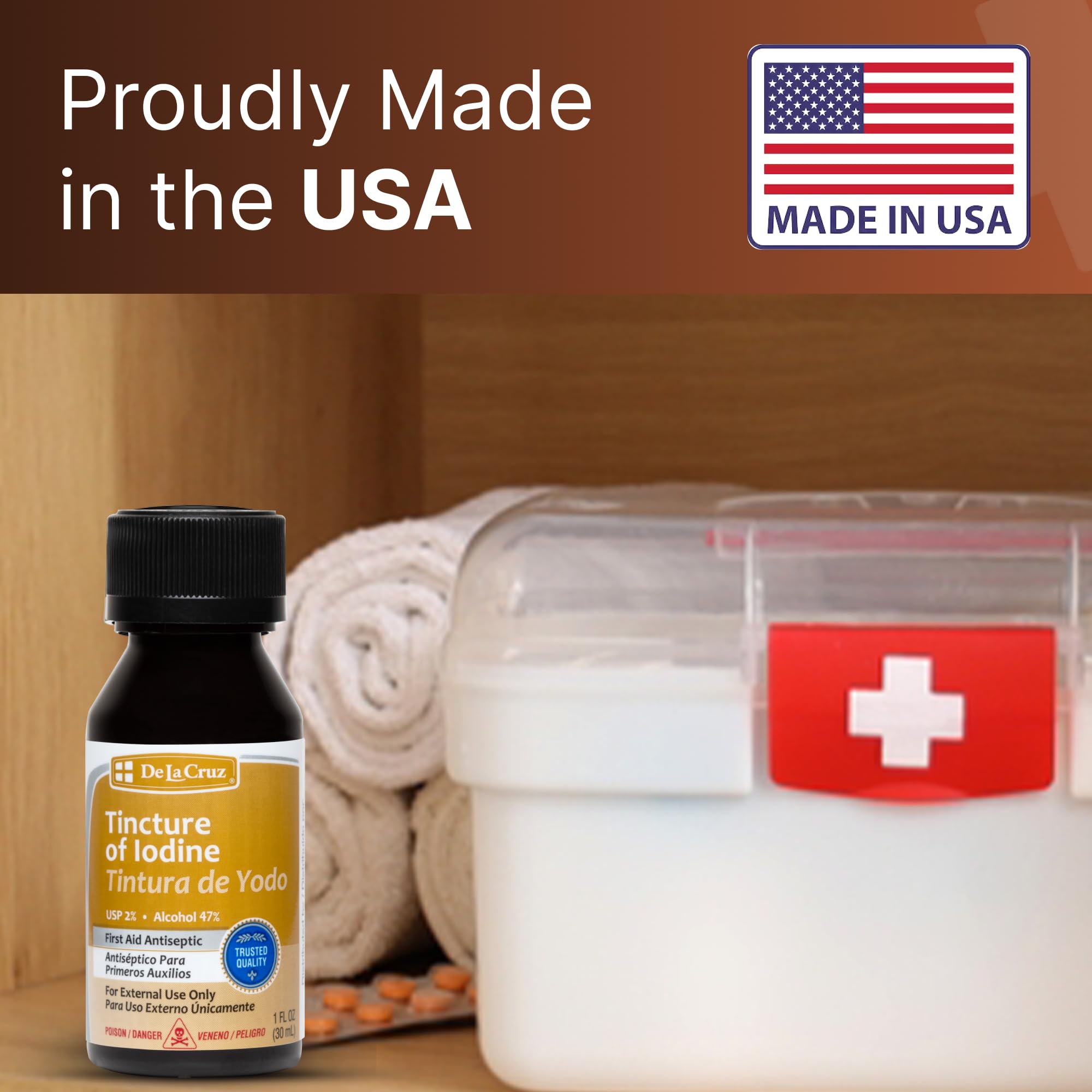USA-made De La Cruz iodine tincture bottle