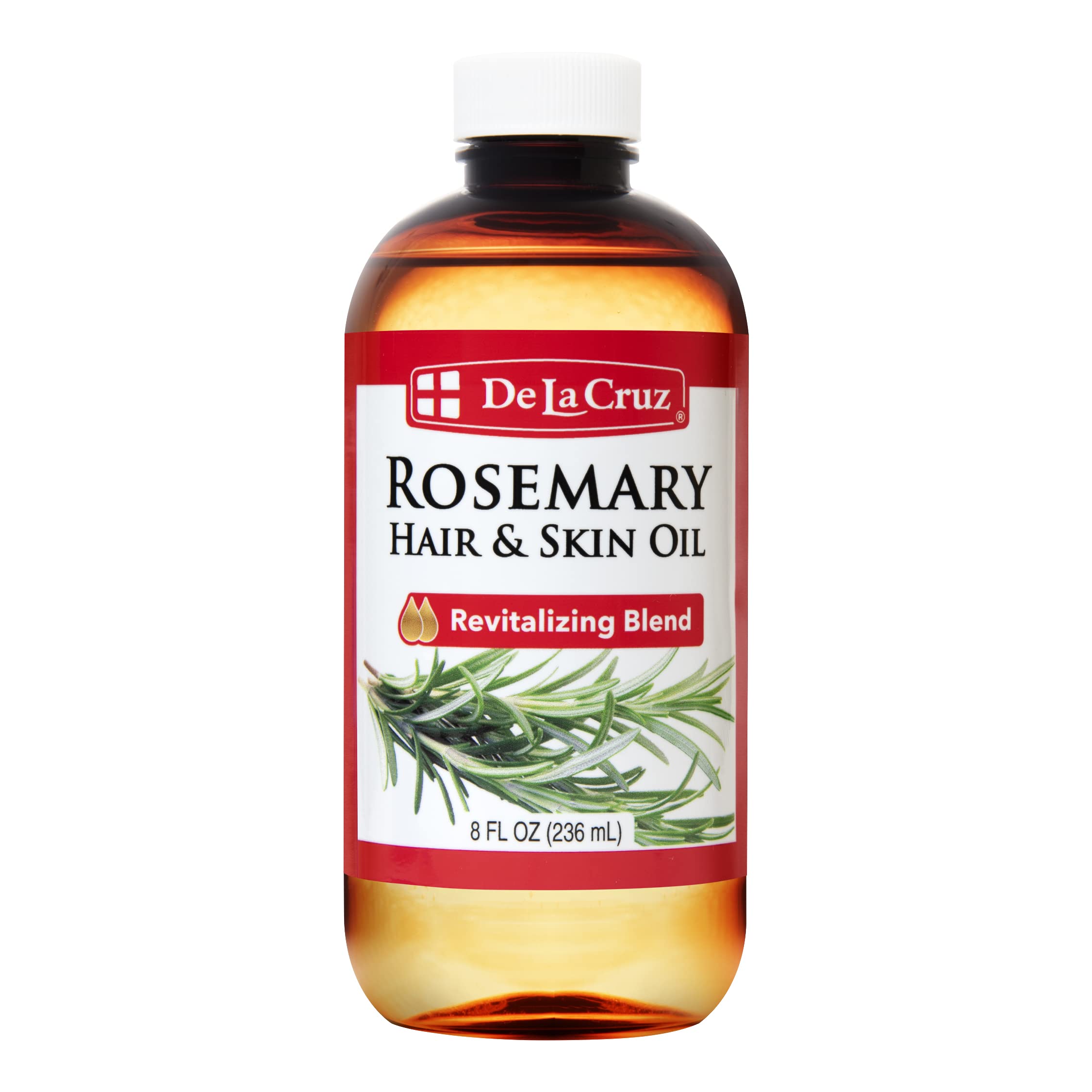 De La Cruz Rosemary Oil Blend bottle pour for easy application and hydration.