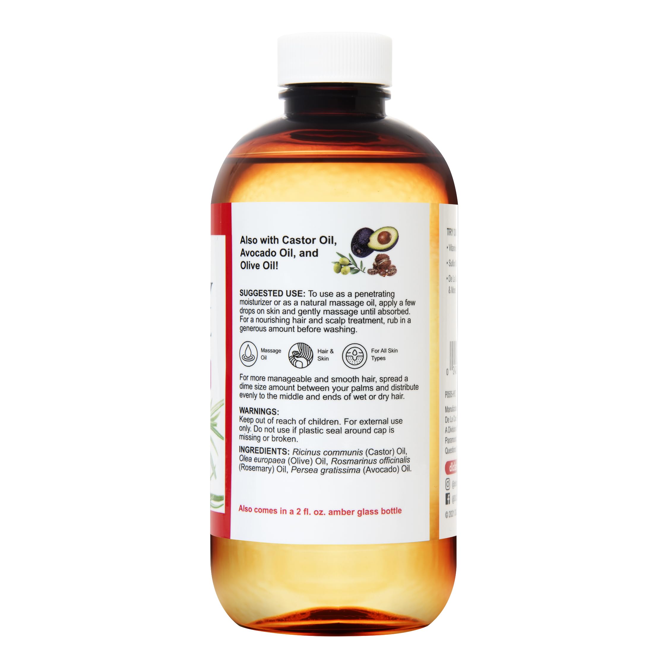 De La Cruz Rosemary Oil Blend on hair and scalp provides hydration and softness.