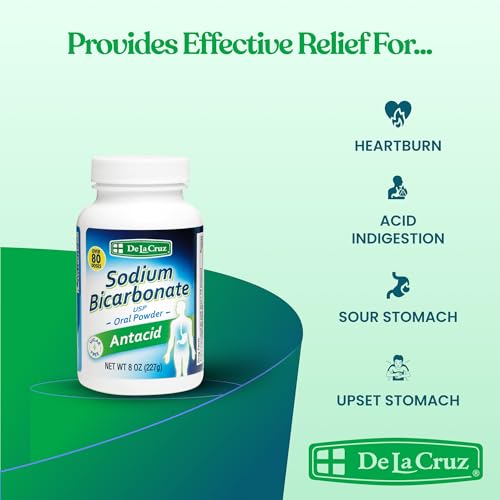 De La Cruz sodium bicarbonate powder dissolving in water for quick relief and baking prep.
