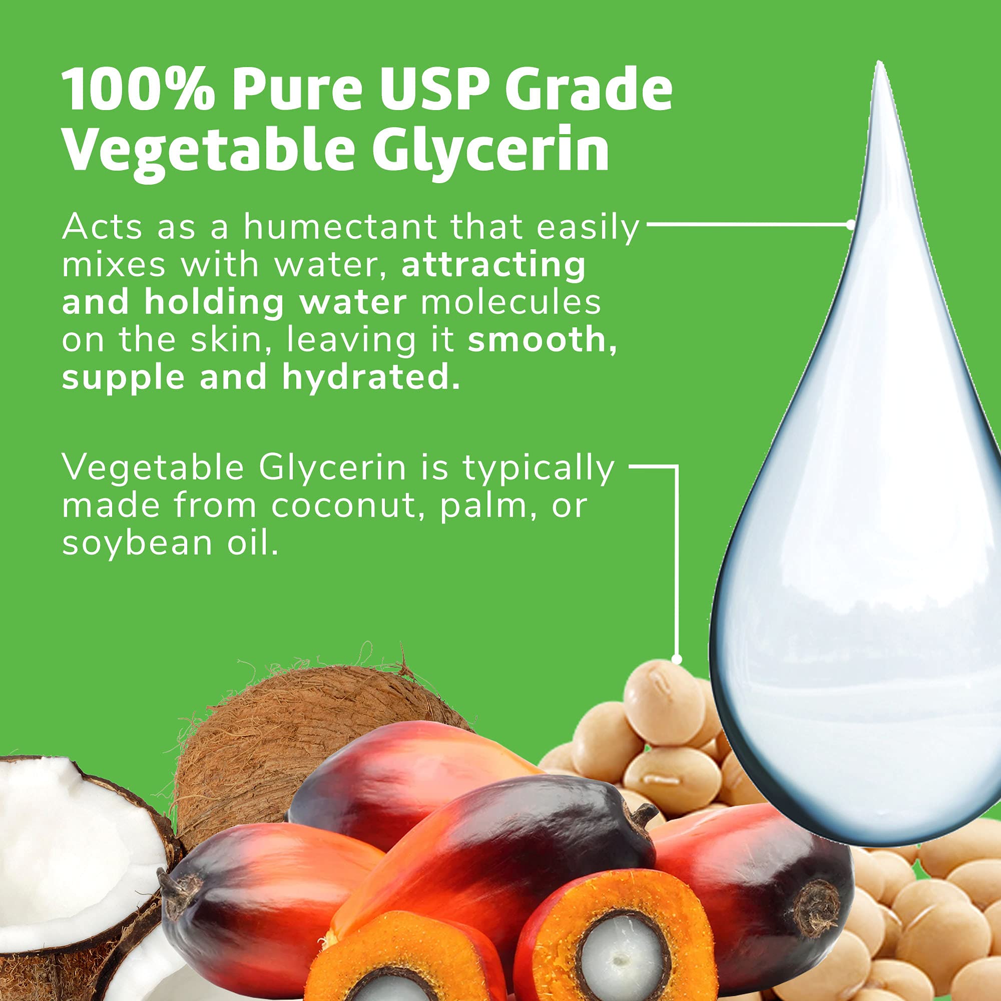 De La Cruz Vegetable Glycerin blended with water provides non-greasy moisture for skin.