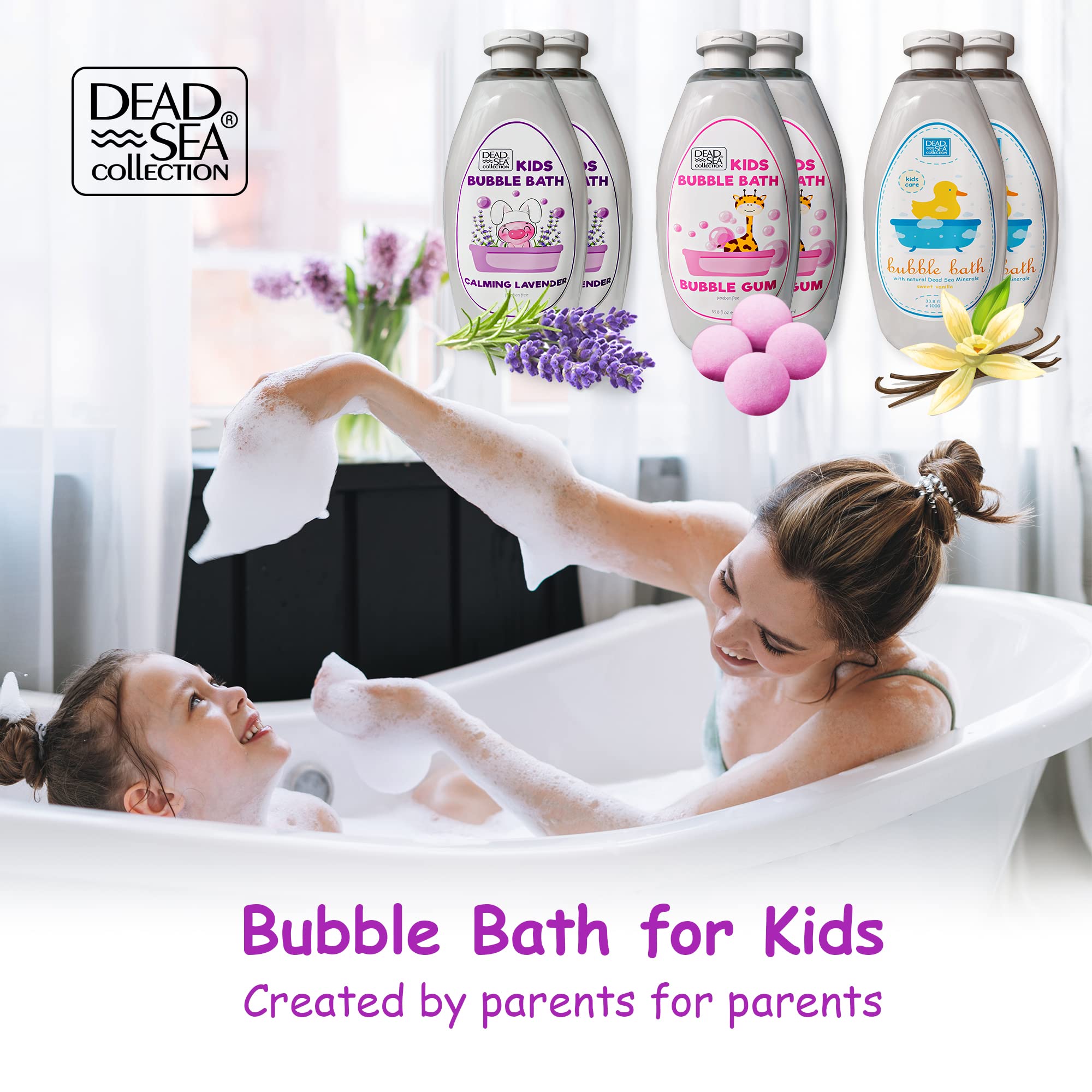 Close-up of the lavender-scented bubble bath bottle