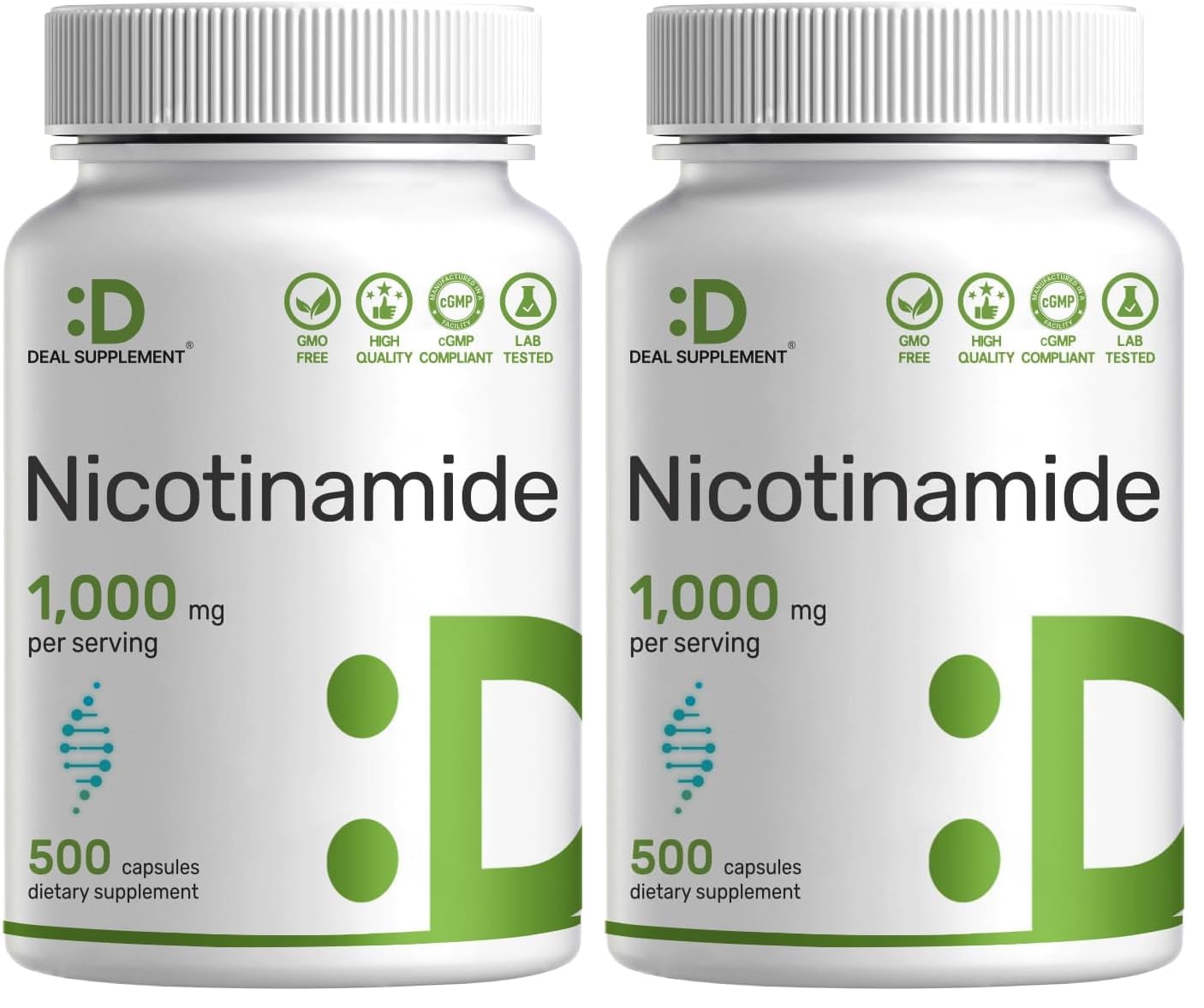 Deal Supplement B3 Nicotinamide bottle shows 1,000 mg per serving and flush-free formula.
