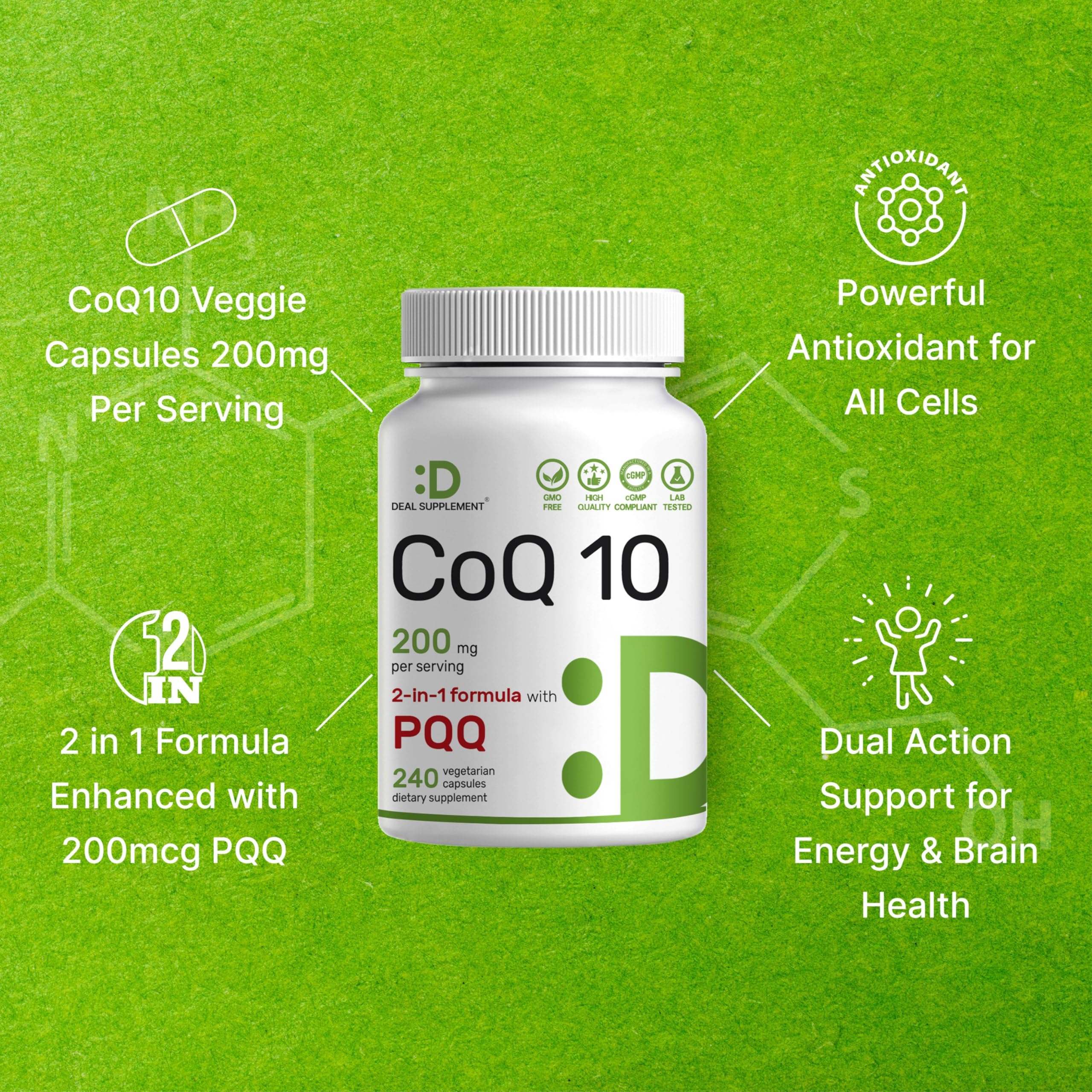 Product bottle label showing non-GMO and bioavailable CoQ10
