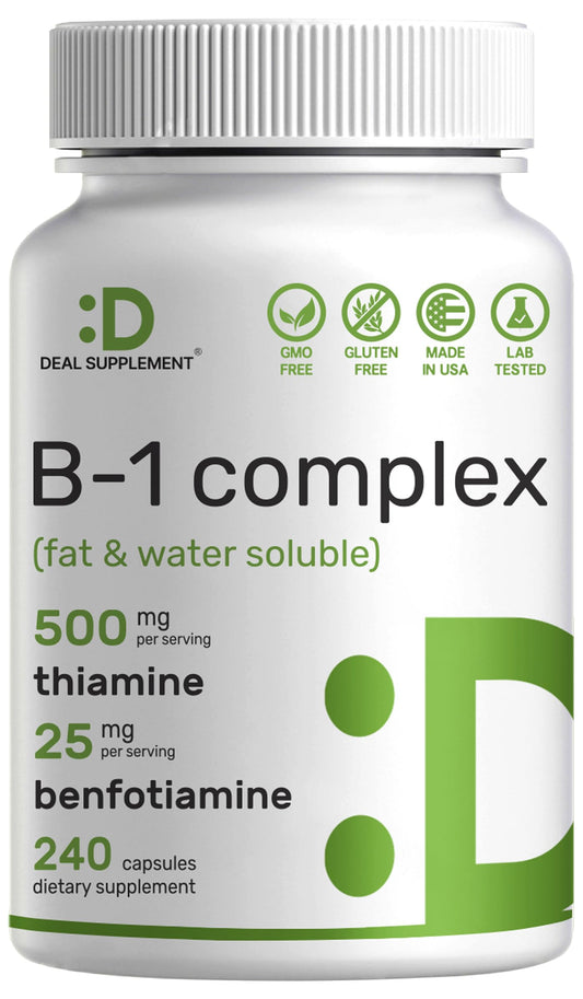 Front view of Deal Supplement Vitamin B1 500mg with Benfotiamine bottle