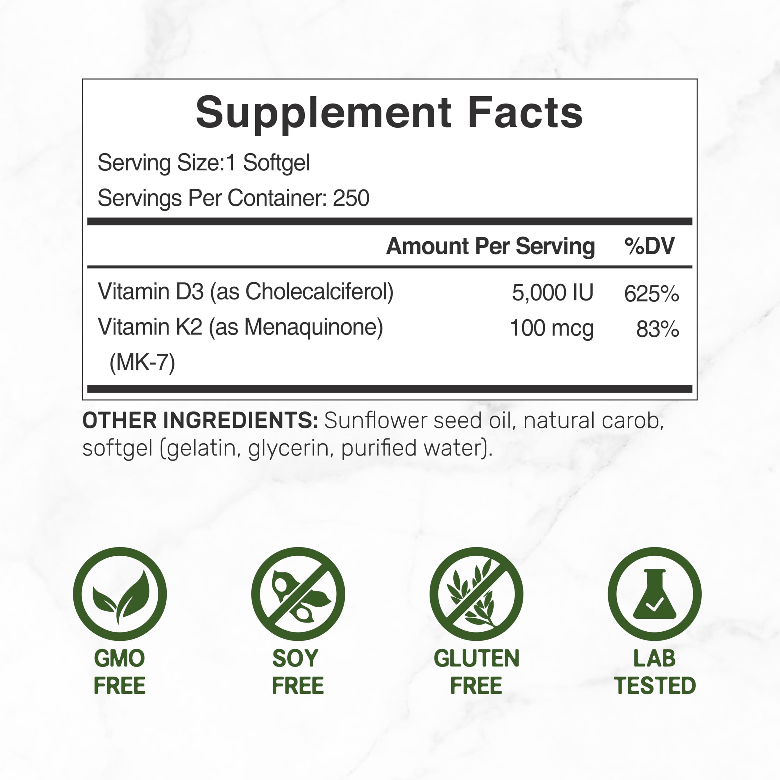 Vitamin D3 5000 IU with K2 MK7 softgels close-up