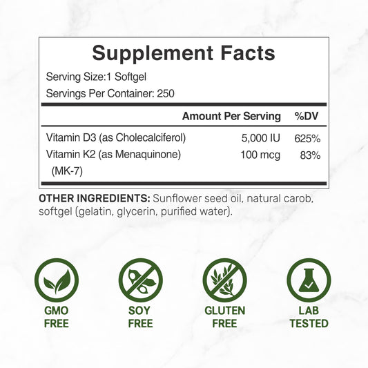 Vitamin D3 5000 IU with K2 MK7 softgels close-up