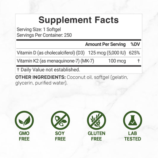 Close-up of softgels showing 5000 IU D3 and 100 mcg K2 MK7 label