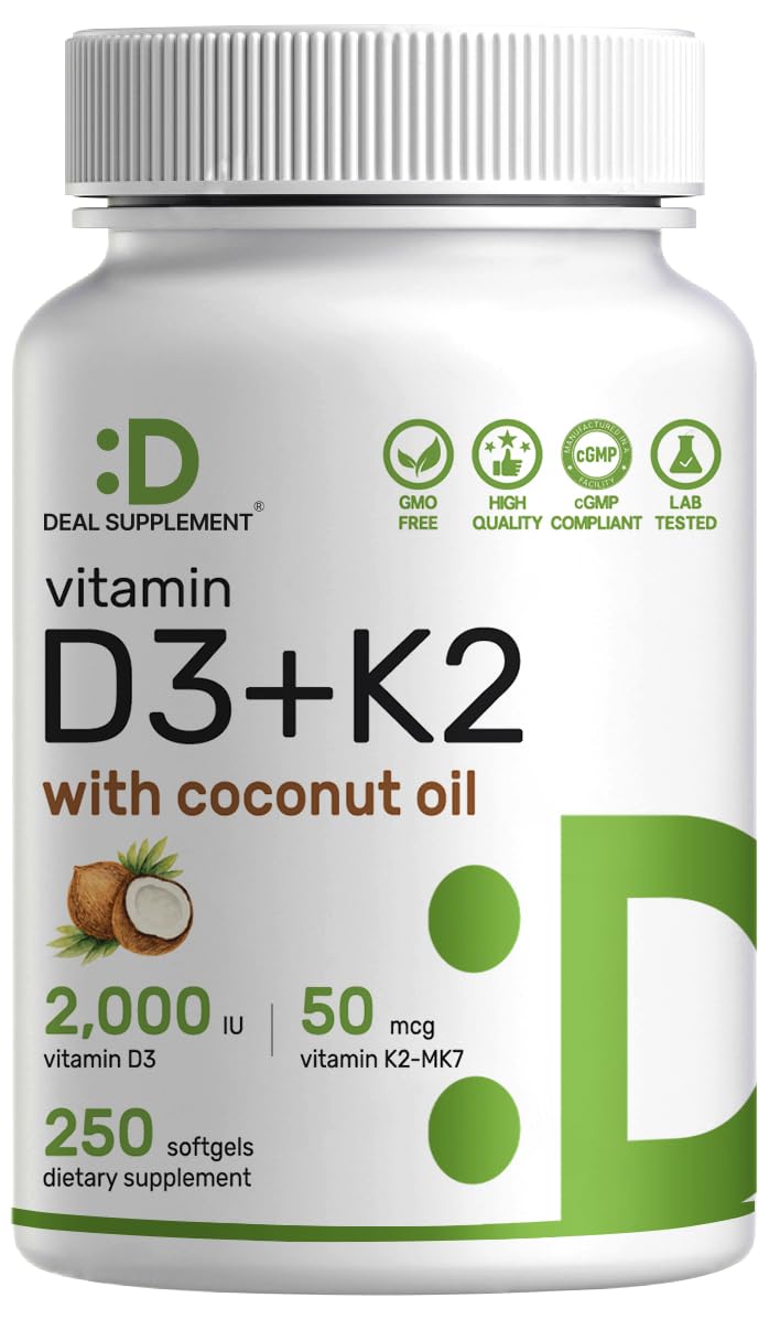 Bottled DEAL SUPPLEMENT Vitamin D3 2000 IU + K2 MK7 50mcg Softgels