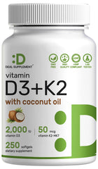 Bottled DEAL SUPPLEMENT Vitamin D3 2000 IU + K2 MK7 50mcg Softgels