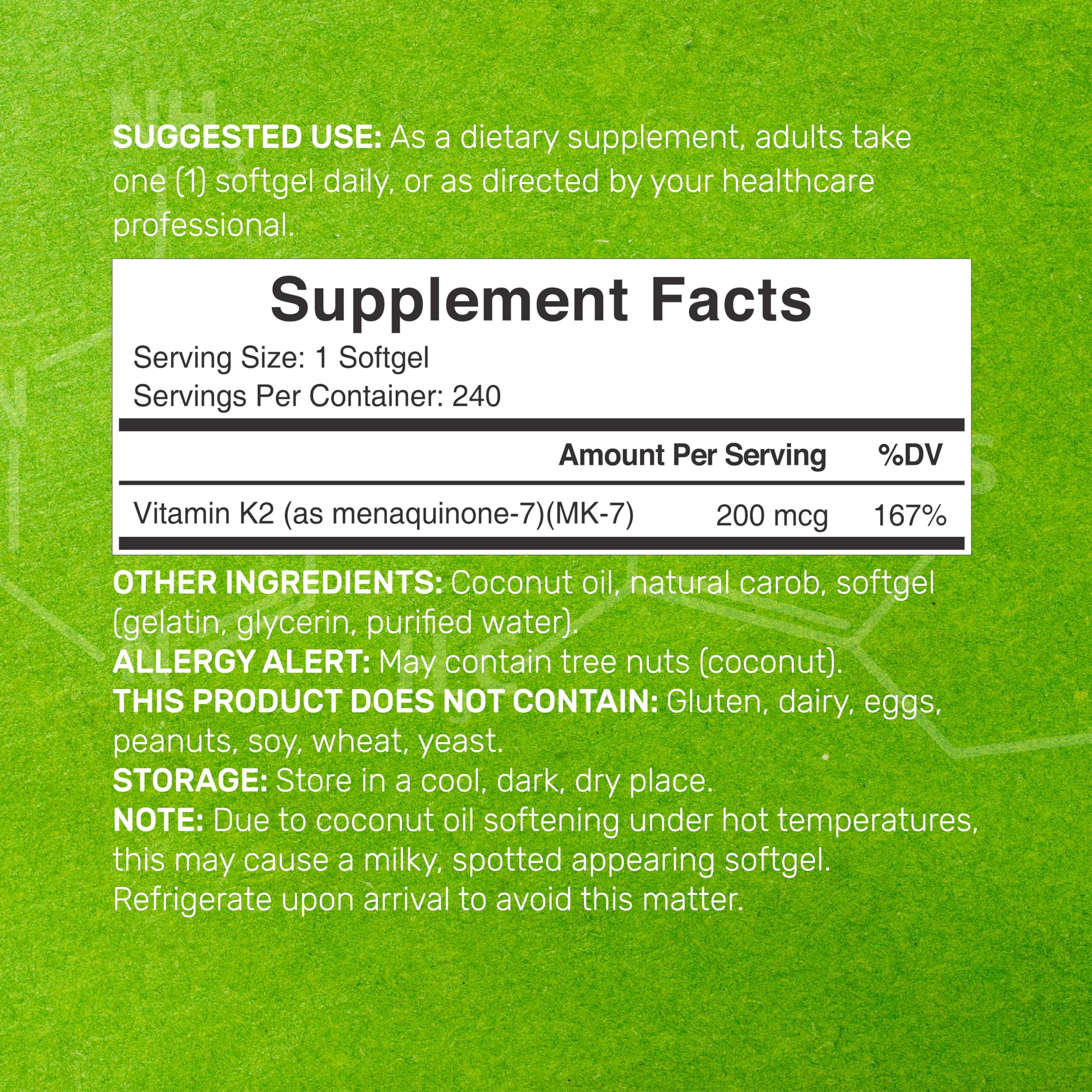 Menaquinone-7 MK-7 softgels in virgin coconut oil base