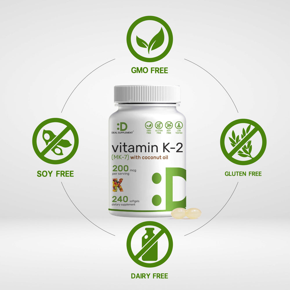 Vitamin K2 MK-7 200mcg softgels packaging layout with coconut oil