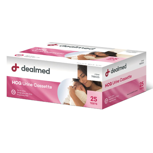 Dealmed HCG urine cassette pregnancy test box showing 25 tests