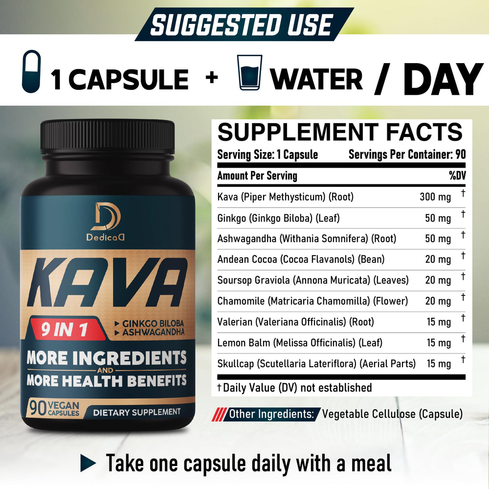 Side view of DEDICAD Kava Kava Capsules bottle
