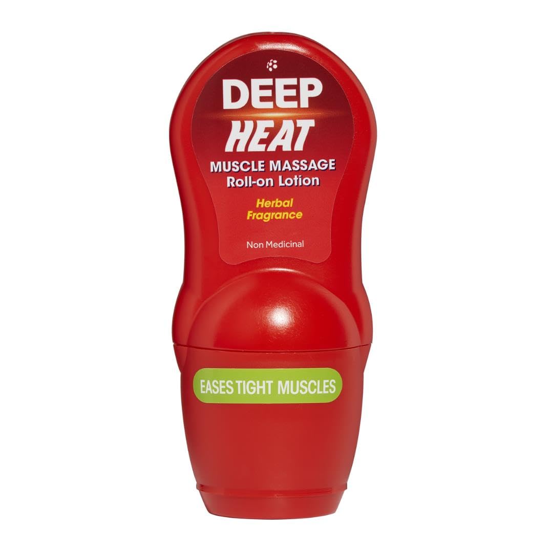 Front view of Deep Heat 50 ml Muscle Massage Roll-On Lotion bottle