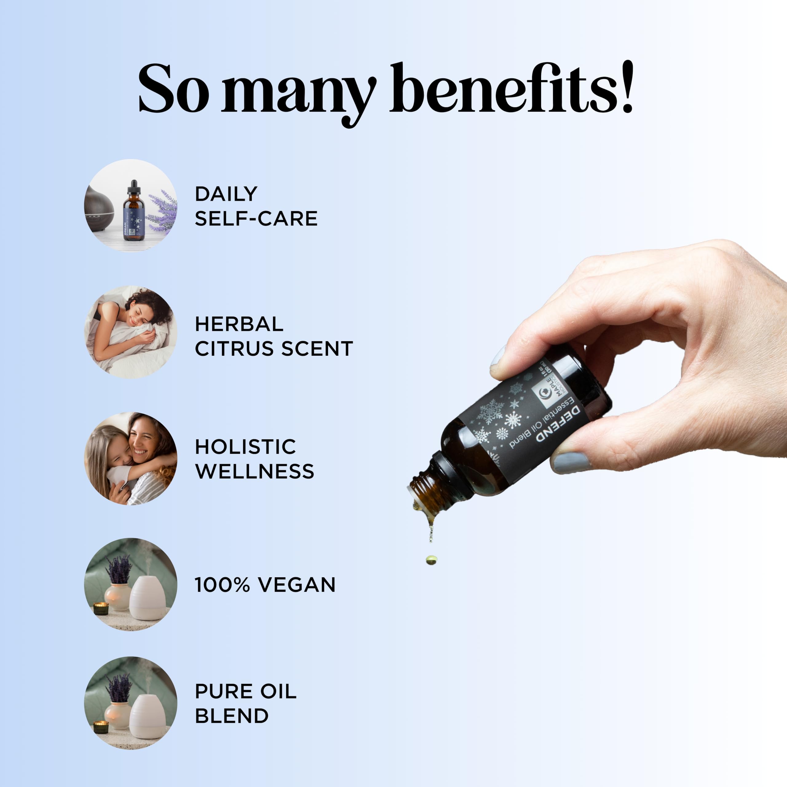 Ingredients of Defend Cleaning Essential Oil Blend: eucalyptus, rosemary, lemon