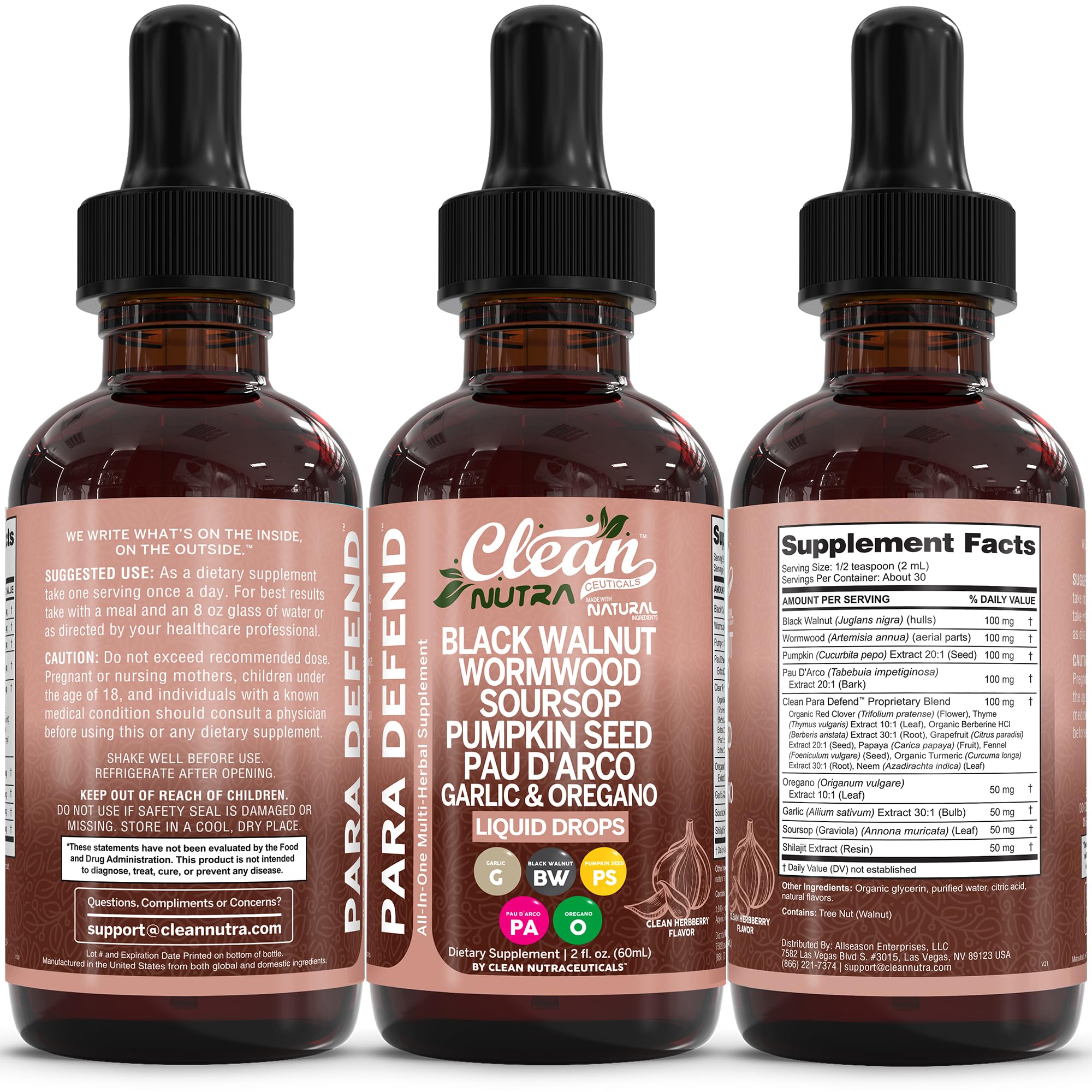 Product packaging and supplement facts for Defend Cleanse Drops