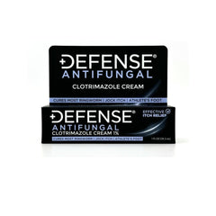 Defense Clotrimazole cream label highlighting 1% active ingredient