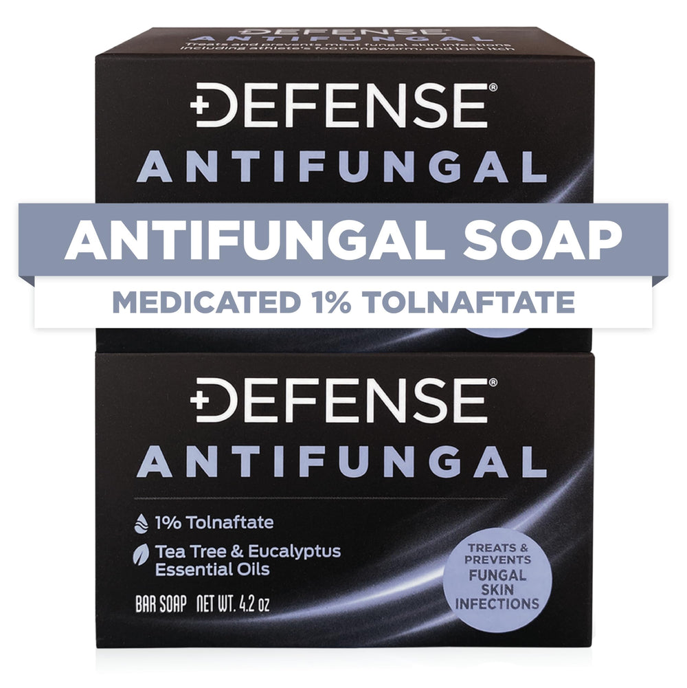Defense Soap antifungal bar 2-pack packaging suggests convenient locker-room protection during routines