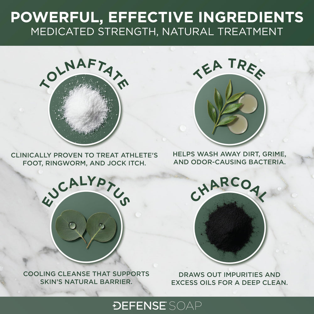 Defense Soap antifungal bar applied to skin shows clean, refreshed feel after training