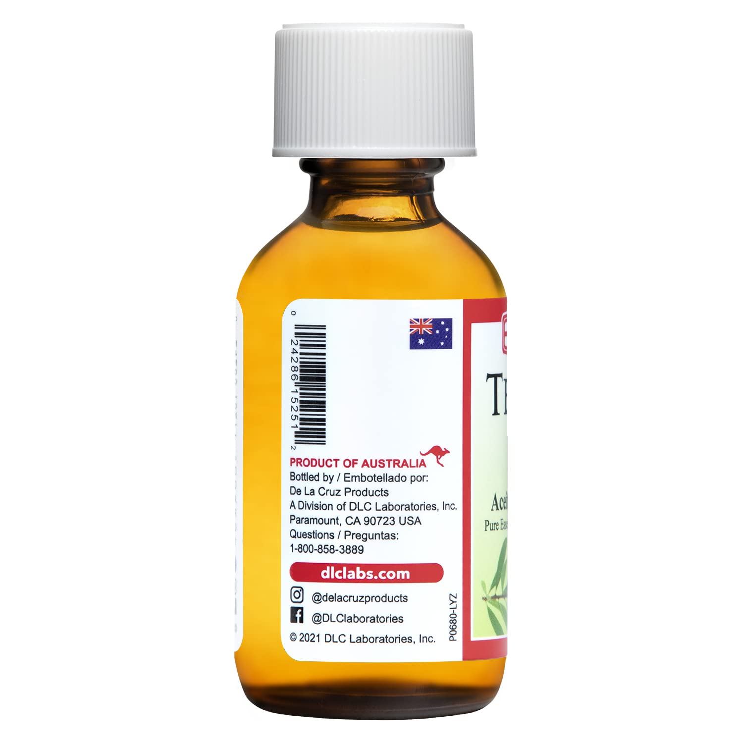 Front view of De La Cruz Tea Tree Oil bottle with Australian Tea Tree label