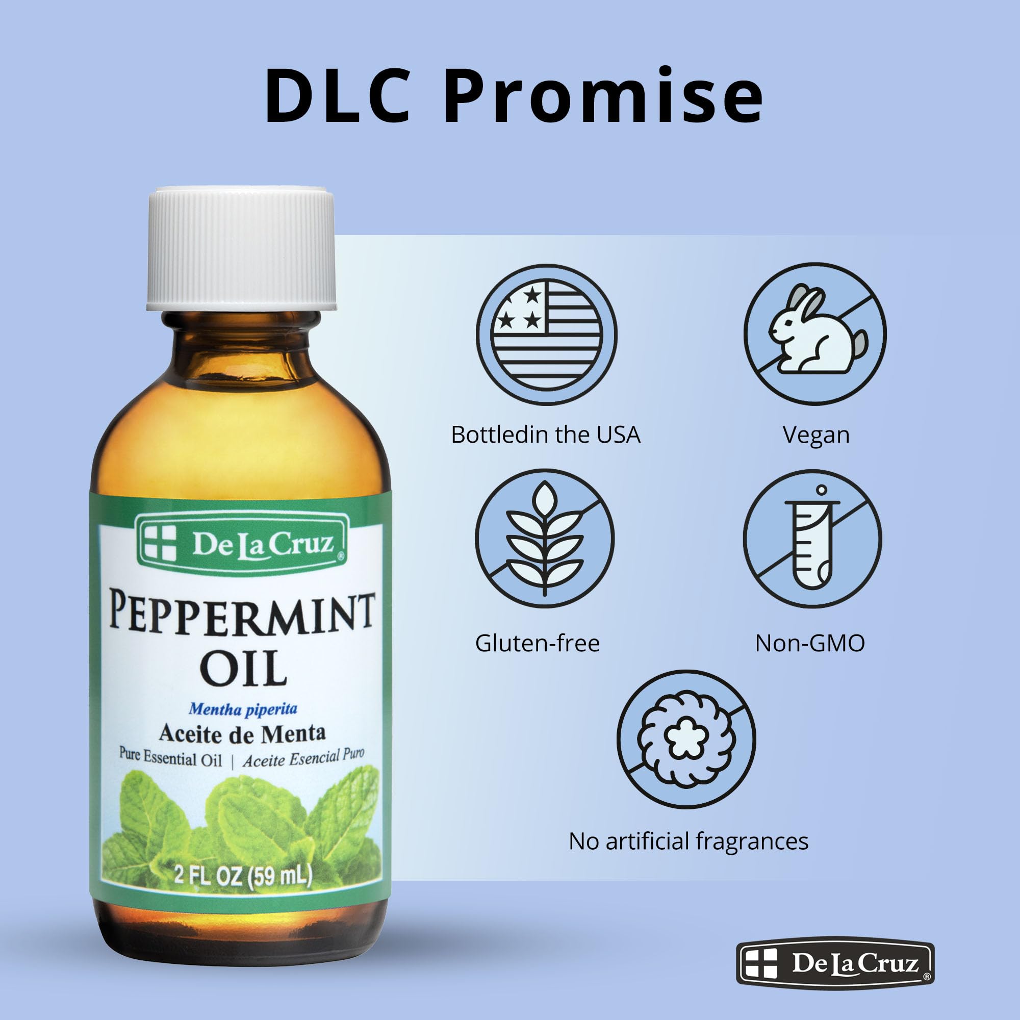 Peppermint essential oil bottle on wooden surface