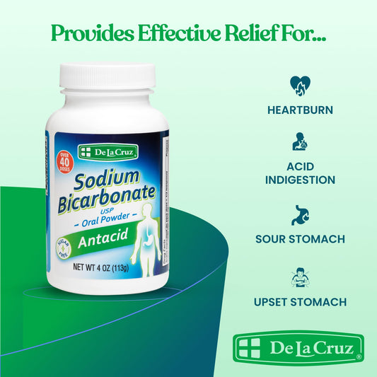 De La Cruz sodium bicarbonate powder dissolving in water for rapid, gentle stomach relief.