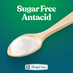 De La Cruz bicarbonate powder with measuring spoon showing easy dosing for everyday antacid needs.